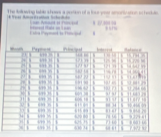 The following table shows a portion of a four-year amontization schedule.
4 Year Amorttsation Schedul 
Loan Amaynt er Principal 7,000 00
Interest Rtale en Luan 0.0796
dra Payment to Prncipal