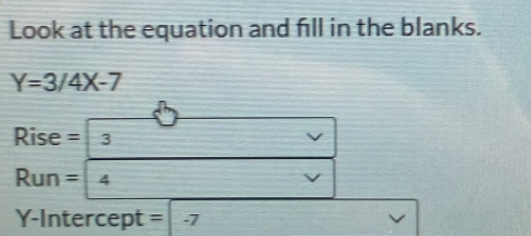 Look at the equation and fill in the blanks.
Y=3/4X-7
Rise = 3
Run = 4
Y-Intercept = -7