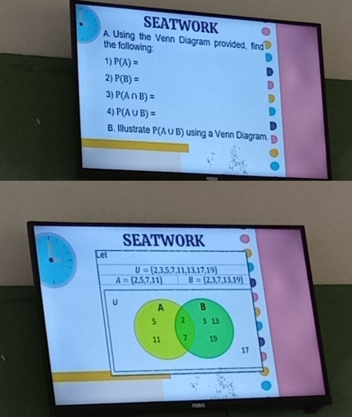 SEATWORK 
A. Using the Venn Diagram provided, find 
the following: 
1) P(A)=
2) P(B)=
3) P(A∩ B)=
4) P(A∪ B)=
B. Illustrate P(A∪ I 3) using a Venn Diagram. 
SEATWORK 
Let
U= 2,3,5,7,11,13,17,19
A= 2,5,7,11 B= 2,3,7,13,19
U A B
5 2 3 13
11 7 19
17