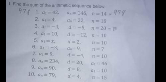 Solved: Find the sum of the arithmetic sequence below. 1. a_1=42, a_n ...