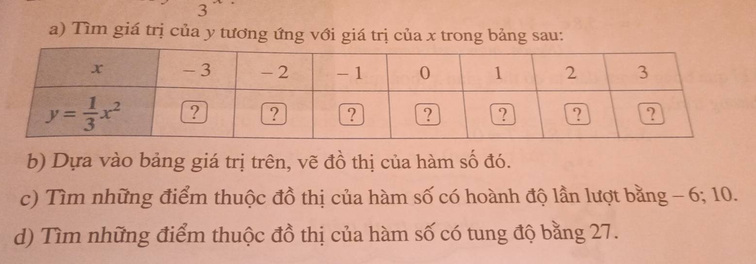 Tìm giá trị của y tương ứng với giá trị của x trong bảng sau:
b) Dựa vào bảng giá trị trên, vẽ đồ thị của hàm số đó.
c) Tìm những điểm thuộc đồ thị của hàm số có hoành độ lần lượt bằng - 6; 10.
d) Tìm những điểm thuộc đồ thị của hàm số có tung độ bằng 27.