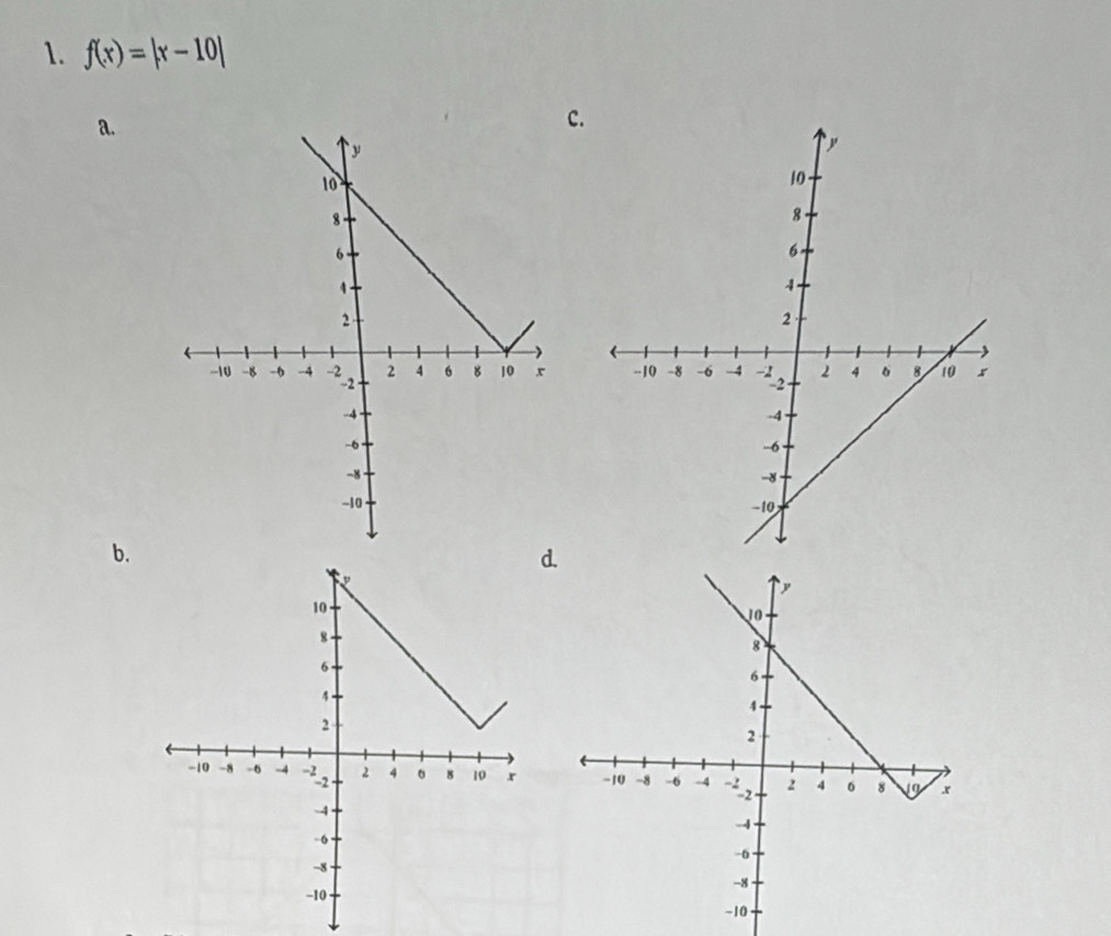 f(x)=|x-10|
a. 
c. 


b. 
d.