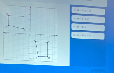 (x,y)to (-y,-z)
(x,y)to (-x,y)
(x,y)to (y,z)
(x,y)to (-x,-y)