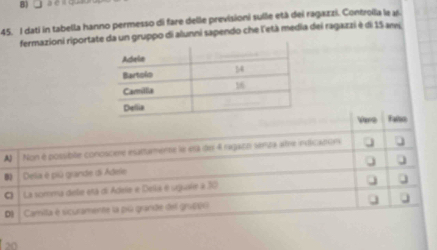 dati in tabella hanno permesso di fare delle previsioni sulle etá dei ragazzi. Controlla le as.
fermazioni riportate da un gruppo di alunni sapendo che l'età media dei ragazzi è di 15 ami
Vere Falso
A) Non é possible conoscere esartamene le esà de 4 ragatn senza ame inlicarom
B Delia é piú grande di Adele
C La somma dele etá di Adele e Delis é sguare à 30
D Camila é sicuramente la pú grande del grup0
30