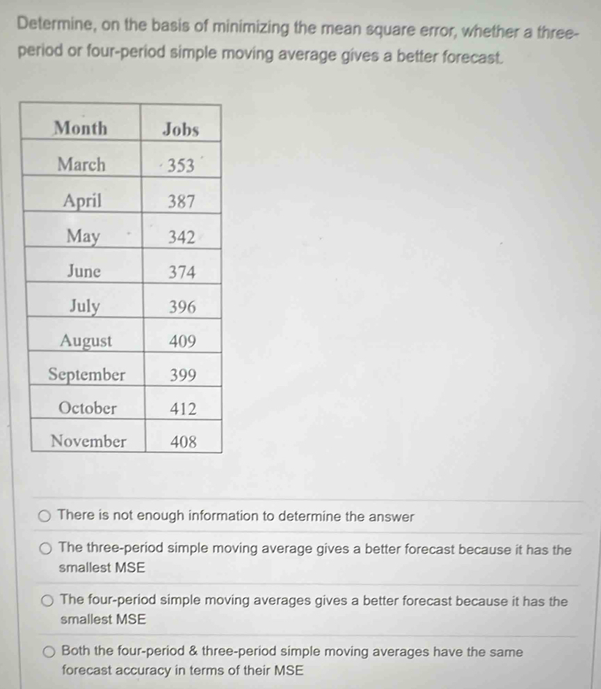 Determine, on the basis of minimizing the mean square error, whether a three-
period or four-period simple moving average gives a better forecast.
There is not enough information to determine the answer
The three-period simple moving average gives a better forecast because it has the
smallest MSE
The four-period simple moving averages gives a better forecast because it has the
smallest MSE
Both the four-period & three-period simple moving averages have the same
forecast accuracy in terms of their MSE