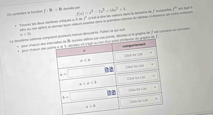 On considère la fonction f:Rto R donnée par f(x)=x^4-7x^3+18x^2+3.
Trouvez les deux nombres critiques «, δ de f' (c'est-à-dire les valeurs dans le domaine de f auxquelles f'' est égal à
zéro ou non défini) et donnez leurs valeurs exactes dans la première colonne du tableau ci-dessous (en ordre croissant,
La deuxième colonne comnd plusieurs menus déroulants. Faites ce qui suit: a
pour chacun des inoints, décídez si le graphe de fest concave ou convexe;
pour chacun des pde f .