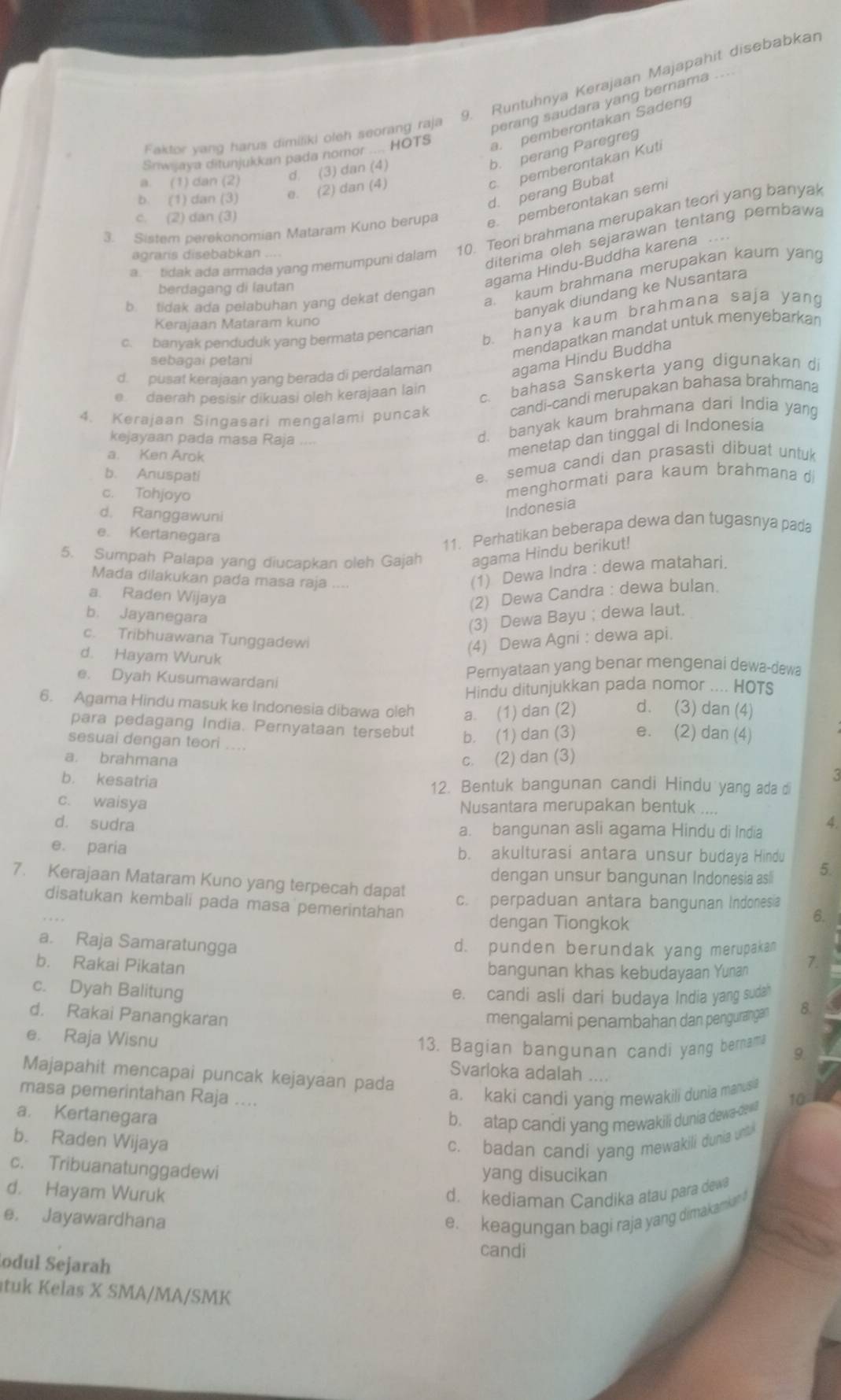 Runtuhnya Kerajaan Majapahit disebabkan
Faktor yang harus dimiliki oleh seorang raja perang saudara yang bernama
a. pemberontakan Sadeng
b. perang Paregreg
Sniwijaya ditunjukkan pada nomor .... HOTS
c. pemberontakan Kuti
a. (1) dan (2) d. (3) dan (4)
d. perang Bubat
b. (1) dan (3) e. (2) dan (4)
3. Sistem perekonomian Mataram Kuno berupa e. pemberontakan semi
c. (2) dan (3)
a.  tidak ada armada yang memumpuni dalam 10. Teori brahmana merupakan teori yang banyak
agraris disebabkan
diterima oleh sejarawan tentang pembawa
agama Hindu-Buddha karena ...
a. kaum brahmana merupakan kaum yang
berdagang di lautan
banyak diundang ke Nusantara
b. tidak ada pelabuhan yang dekat dengan
b. hanya kaum brahmana saja yang
Kerajaan Mataram kuno
mendapatkan mandat untuk menyebarkan
c. banyak penduduk yang bermata pencarian
sebagai petani
d. pusat kerajaan yang berada di perdalaman agama Hindu Buddha
e daerah pesisir dikuasi oleh kerajaan lain
c. bahasa Sanskerta yang digunakan d
4. Kerajaan Singasari mengalami puncak candi-candi merupakan bahasa brahmana
kejayaan pada masa Raja
d. banyak kaum brahmana dari India yang
a. Ken Arok
menetap dan tinggal di Indonesia
b. Anuspati
e. semua candi dan prasasti dibuat untu
c. Tohjoyo
menghormati para kaum brahmana
d. Ranggawuni
Indonesia
e. Kertanegara
11. Perhatikan beberapa dewa dan tugasnya pada
5. Sumpah Palapa yang diucapkan oleh Gajah agama Hindu berikut!
Mada dilakukan pada masa raja , . ..
(1) Dewa Indra : dewa matahari.
a. Raden Wijaya
(2) Dewa Candra : dewa bulan.
b. Jayanegara
(3) Dewa Bayu ; dewa laut.
c. Tribhuawana Tunggadewi
d. Hayam Wuruk
(4) Dewa Agni : dewa api.
Pernyataan yang benar mengenai dewa-dewa
e. Dyah Kusumawardani
Hindu ditunjukkan pada nomor .... HOTs
6. Agama Hindu masuk ke Indonesia dibawa oleh a. (1) dan (2) d. (3) dan (4)
para pedagang India. Pernyataan tersebut b. (1) dan (3) e. (2) dan (4)
sesuai dengan teori .... <
a. brahmana c. (2) dan (3)
 b. kesatria 12. Bentuk bangunan candi Hindu yang ada di
c. waisya Nusantara merupakan bentuk ....
d. sudra a. bangunan asli agama Hindu di India 4.
e. paria b. akulturasi antara unsur budaya Hindu 5.
dengan unsur bangunan Indonesia asli
7. Kerajaan Mataram Kuno yang terpecah dapat 6.
disatukan kembali pada masa pemerintahan c. perpaduan antara bangunan Indonesia
dengan Tiongkok
a. Raja Samaratungga
d. punden berundak yang merupakan
b. Rakai Pikatan bangunan khas kebudayaan Yunan 7.
c. Dyah Balitung
e. candi asli dari budaya India yang suda?
d. Rakai Panangkaran
mengalami penambahan dan pengurangan 8.
e. Raja Wisnu
13. Bagian bangunan candi yang bernama
Svarloka adalah ....
Majapahit mencapai puncak kejayaan pada a. kaki candi yang mewakili dunia manus a
masa pemerintahan Raja ....
a. Kertanegara
b. atap candi yang mewakili dunia dewa-dewill 10
b. Raden Wijaya
c. badan candi yang mewakili dunia und 
c. Tribuanatunggadewi yang disucikan
d. Hayam Wuruk d. kediaman Candika atau para dewa
e. Jayawardhana e. keagungan bagi raja yang dimakamkan 
candi
odul Sejarah
tuk Kelas X SMA/MA/SMK