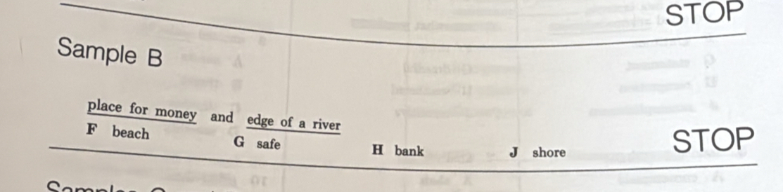 Solved: STOP Sample B place for money and edge of a river F beach G ...