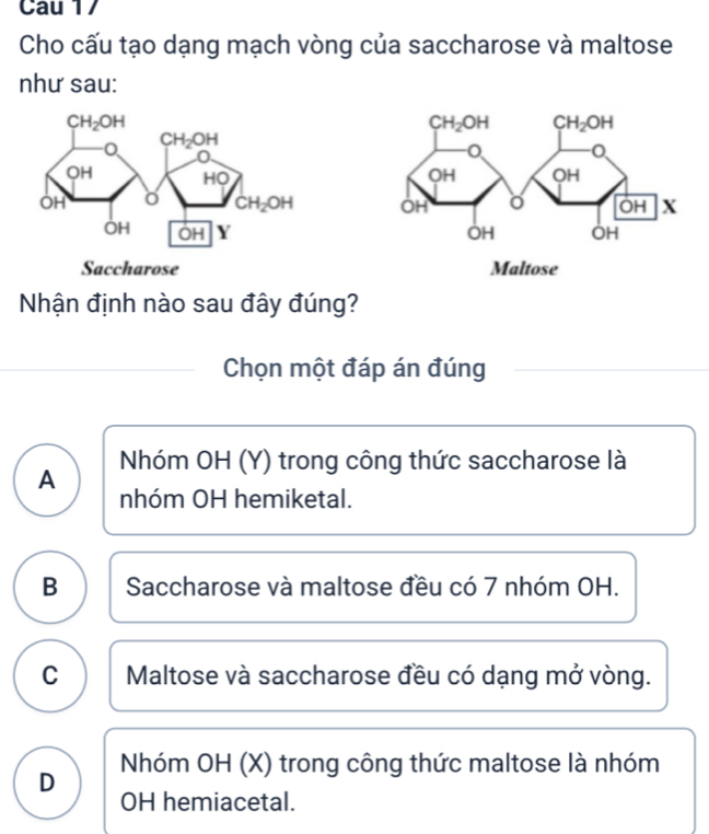 Cau 17
Cho cấu tạo dạng mạch vòng của saccharose và maltose
như sau:
 
 
 
Saccharose Maltose
Nhận định nào sau đây đúng?
Chọn một đáp án đúng
Nhóm OH (Y) trong công thức saccharose là
A
nhóm OH hemiketal.
B Saccharose và maltose đều có 7 nhóm OH.
C  Maltose và saccharose đều có dạng mở vòng.
Nhóm OH (X) trong công thức maltose là nhóm
D
OH hemiacetal.