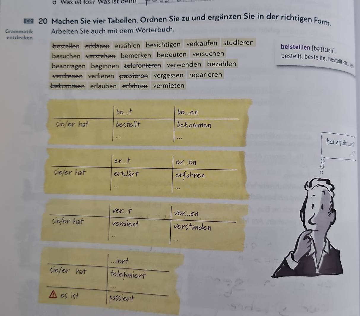 Was ist los? Was ist den?
20 Machen Sie vier Tabellen. Ordnen Sie zu und ergänzen Sie in der richtigen Form. 
Grammatik Arbeiten Sie auch mit dem Wörterbuch. 
entdecken 
bestellen erklären erzählen besichtigen verkaufen studieren 
belstelllen [bə'ʃtɛlən], 
besuchen verstehen bemerken bedeuten versuchen 
bestellt, bestellte, bestellt