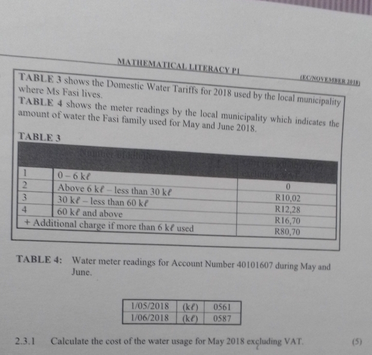 MATHEMATICAL LITERACY P1 (EC/NOVEMBER 2018) 
TABLE 3 shows the Domestic Water Tariffs for 2018 used by the local municipality 
where Ms Fasi lives. 
TABLE 4 shows the meter readings by the local municipality which indicates the 
amount of water the Fasi family used for May and June 2018. 
TABLE 3 
TABLE 4: Water meter readings for Account Number 40101607 during May and 
June. 
2.3.1 Calculate the cost of the water usage for May 2018 excluding VAT. (5)