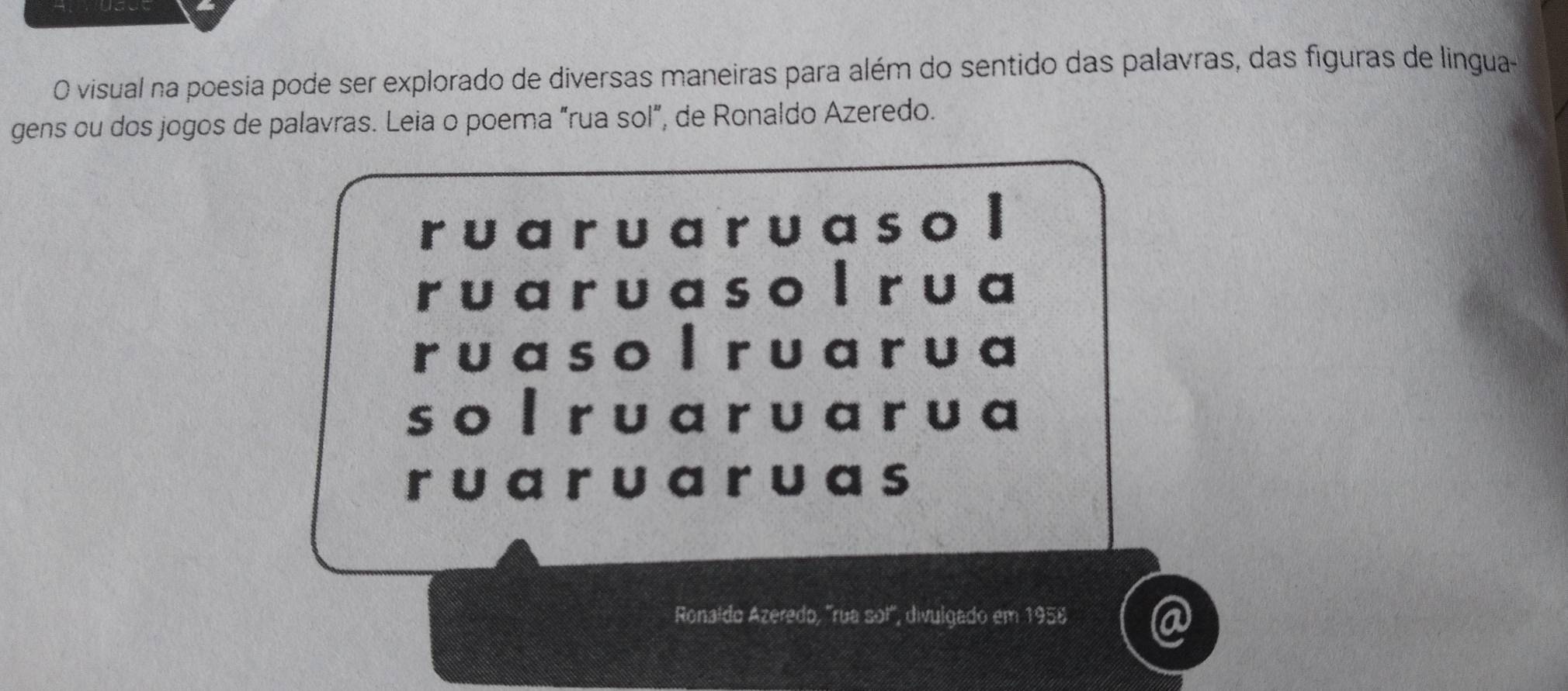 visual na poesia pode ser explorado de diversas maneiras para além do sentido das palavras, das figuras de lingua 
gens ou dos jogos de palavras. Leia o poema “rua sol”, de Ronaldo Azeredo. 
r ua r u a r u as o I 
r u a r u a s o l r u a 
r u a s o l r u a ru a 
s o l r u a r u a r u a 
r u a r u a r u as 
Ronaído Azeredo, "rua sol', divulgado em 1956