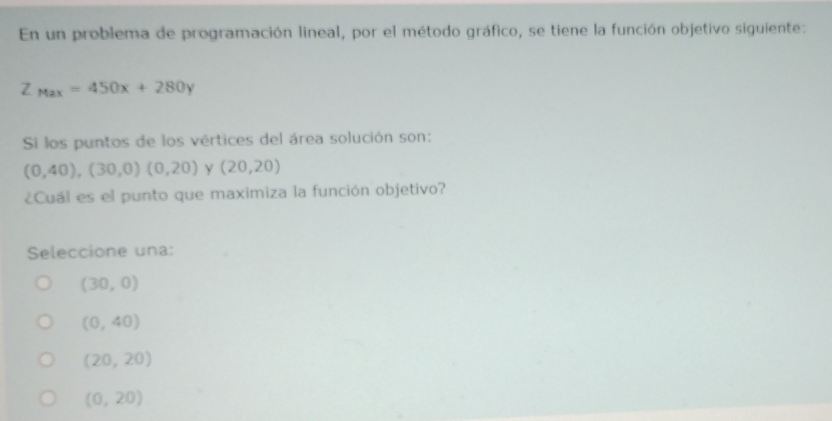 En un problema de programación lineal, por el método gráfico, se tiene la función objetivo siguiente:
Z_Max=450x+280y
Si los puntos de los vértices del área solución son:
(0,40),(30,0)(0,20) (20,20)
¿Cuál es el punto que maximiza la función objetivo?
Seleccione una:
(30,0)
(0,40)
(20,20)
(0,20)