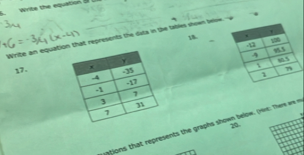 Write the equation of U 
Write an equation that represents the data in the tables shown below. 18. 
17. 

20. 
ations that represents the graphs shown below. (Hint: There are m