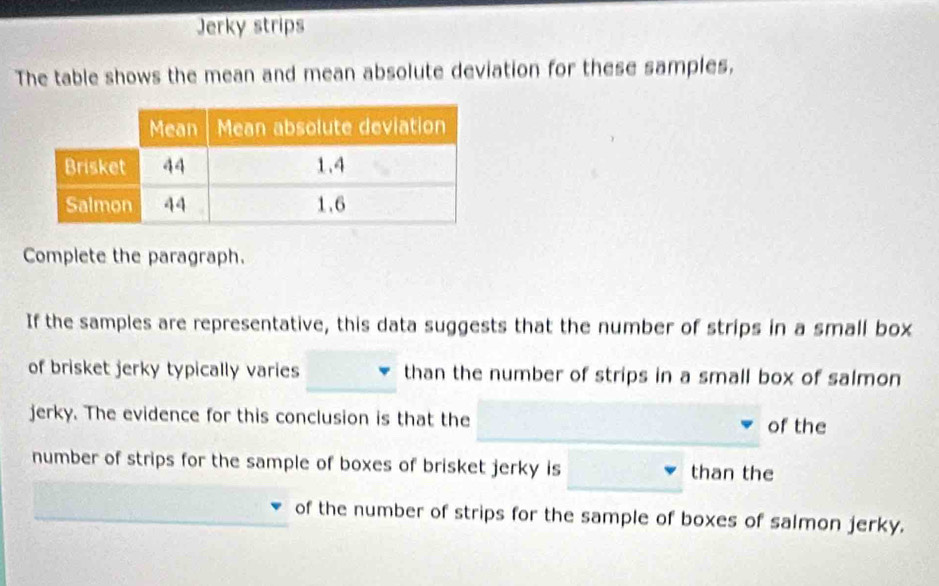 Jerky strips 
The table shows the mean and mean absolute deviation for these samples, 
Complete the paragraph. 
If the samples are representative, this data suggests that the number of strips in a small box 
of brisket jerky typically varies than the number of strips in a small box of salmon 
jerky. The evidence for this conclusion is that the of the 
number of strips for the sample of boxes of brisket jerky is than the 
of the number of strips for the sample of boxes of salmon jerky.