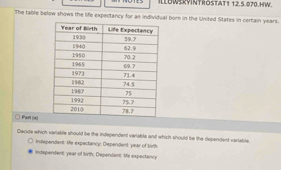 ILL8WSKYINTROSTAT1 12.5.070.HW.
The table below shows the life expectancy for an individual born in the United States in certain years.
= Part (a)
Decide which variable should be the independent variable and which should be the dependent variable.
Independent: life expectancy; Dependent: year of birth
Independent: year of birth; Dependent: life expectancy