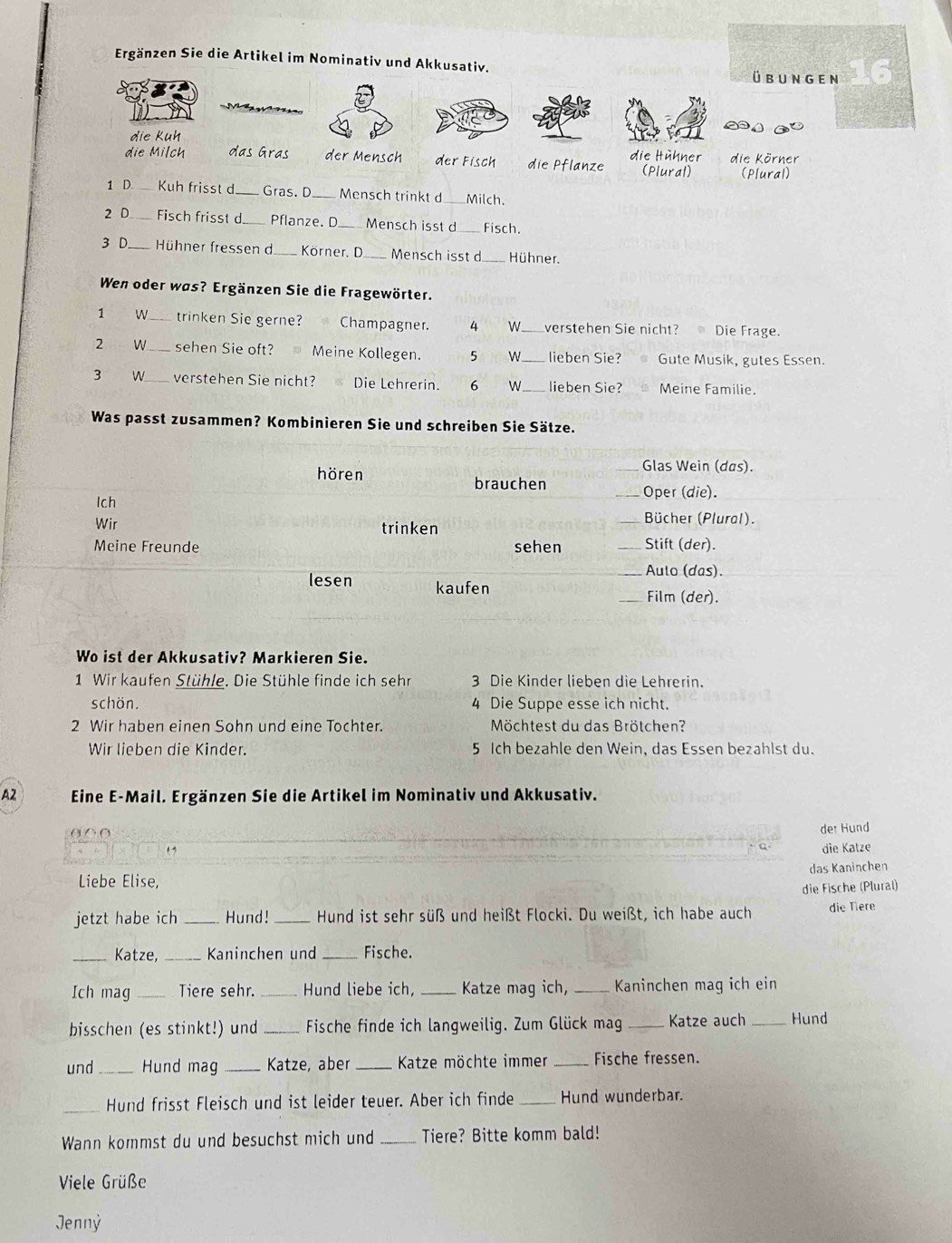Ergänzen Sie die Artikel im Nominativ und Akkusativ.
ü b u n g e n
a
die kuh
die Hühner
die Milch das Gras der Mensch der Fisch die Pflanze (Plural) die Körner
(Plural)
1 D. Kuh frisst d_ Gras. D Mensch trinkt d Milch.
2 D_ Fisch frisst d Pflanze. D_ Mensch isst d_ Fisch.
3 D_  Hühner fressen d _Körner. D_ Mensch isst d Hühner.
Wen oder was? Ergänzen Sie die Fragewörter.
1 W trinken Sie gerne? Champagner. 4 W _verstehen Sie nicht? Die Frage.
2 w _sehen Sie oft?  Meine Kollegen. 5 W _lieben Sie? Gute Musik, gutes Essen
3 W _verstehen Sie nicht? Die Lehrerin. 6 W lieben Sie? Meine Familie.
Was passt zusammen? Kombinieren Sie und schreiben Sie Sätze.
hören
Glas Wein (das).
brauchen Oper (die).
Ich Bücher (Plural).
Wir trinken
Meine Freunde sehen Stift (der).
Auto (das).
lesen kaufen Film (der).
Wo ist der Akkusativ? Markieren Sie.
1 Wir kaufen Stühle. Die Stühle finde ich sehr 3 Die Kinder lieben die Lehrerin.
schön. 4 Die Suppe esse ich nicht.
2 Wir haben einen Sohn und eine Tochter. Möchtest du das Brötchen?
Wir lieben die Kinder. 5 Ich bezahle den Wein, das Essen bezahlst du.
A2 Eine E-Mail. Ergänzen Sie die Artikel im Nominativ und Akkusativ.
der Hund
die Katze
Liebe Elise, das Kaninchen
die Fische (Plural)
jetzt habe ich _Hund! _Hund ist sehr süß und heißt Flocki. Du weißt, ich habe auch die Tiere
_Katze, _ Kaninchen und _Fische.
Ich mag _Tiere sehr. _Hund liebe ich, _Katze mag ich, _Kaninchen mag ich ein
bisschen (es stinkt!) und _Fische finde ich langweilig. Zum Glück mag _Katze auch _Hund
und_ Hund mag _Katze, aber_ Katze möchte immer _Fische fressen.
_Hund frisst Fleisch und ist leider teuer. Aber ich finde _Hund wunderbar.
Wann kommst du und besuchst mich und _Tiere? Bitte komm bald!
Viele Grüße
Jennỷ