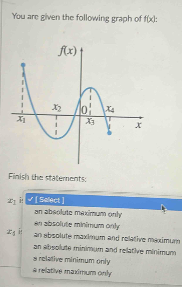 You are given the following graph of f(x)
Finish the statements:
x_1 i: √ [ Select ]
an absolute maximum only
an absolute minimum only
x_4 is
an absolute maximum and relative maximum
an absolute minimum and relative minimum
a relative minimum only
a relative maximum only