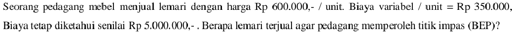 Seorang pedagang mebel menjual lemari dengan harga Rp 600.000,- / unit. Biaya variabel / unit = Rp350.000, 
Biaya tetap diketahui senilai Rp 5.000.000,- . Berapa lemari terjual agar pedagang memperoleh titik impas (BEP)?