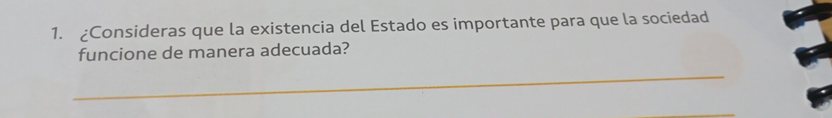 Consideras que la existencia del Estado es importante para que la sociedad 
funcione de manera adecuada? 
_