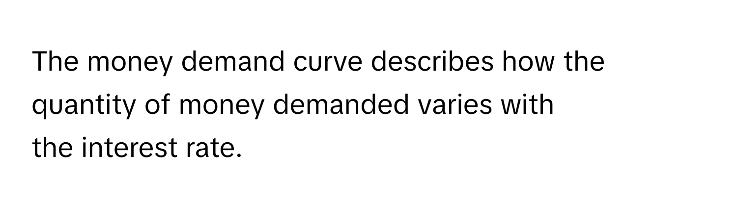 The money demand curve describes how the quantity of money demanded varies with 
the interest rate.