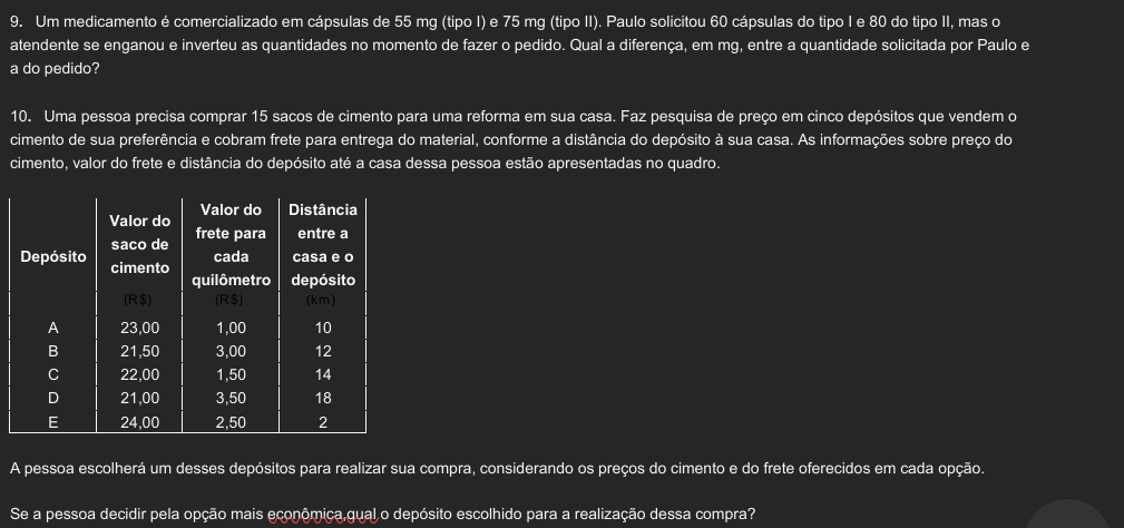 Um medicamento é comercializado em cápsulas de 55 mg (tipo I) e 75 mg (tipo II). Paulo solicitou 60 cápsulas do tipo I e 80 do tipo II, mas o
atendente se enganou e inverteu as quantidades no momento de fazer o pedido. Qual a diferença, em mg, entre a quantidade solicitada por Paulo e
a do pedido?
10. Uma pessoa precisa comprar 15 sacos de cimento para uma reforma em sua casa. Faz pesquisa de preço em cinco depósitos que vendem o
cimento de sua preferência e cobram frete para entrega do material, conforme a distância do depósito à sua casa. As informações sobre preço do
cimento, valor do frete e distância do depósito até a casa dessa pessoa estão apresentadas no quadro.
A pessoa escolherá um desses depósitos para realizar sua compra, considerando os preços do cimento e do frete oferecidos em cada opção.
Se a pessoa decidir pela opção mais econômiça gual o depósito escolhido para a realização dessa compra?