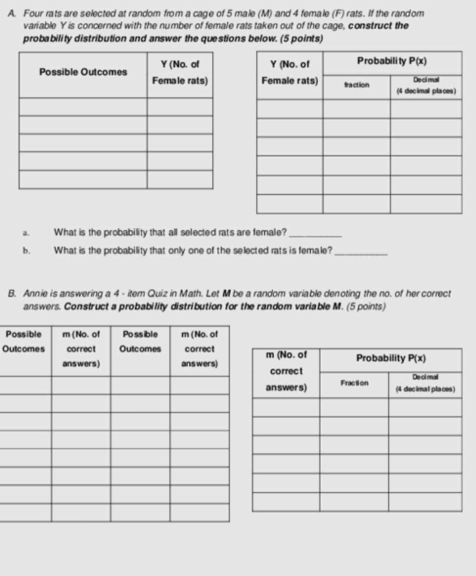 Four rats are selected at random from a cage of 5 male (M) and 4 female (F) rats. If the random
variable Y is concerned with the number of female rats taken out of the cage, construct the
probability distribution and answer the questions below. (5 points)
 
a. What is the probability that all selected rats are female?_
b. What is the probability that only one of the selected rats is female?_
B. Annie is answering a 4 - item Quiz in Math. Let M be a random variable denoting the no. of her correct
answers. Construct a probability distribution for the random variable M. (5 points)
P
Ou