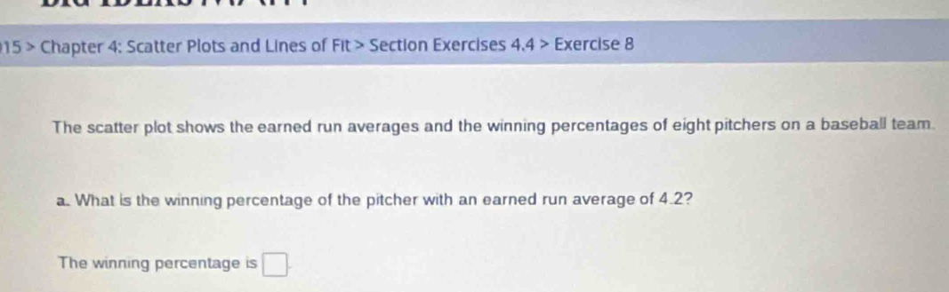 15 > Chapter 4: Scatter Plots and Lines of Fit > Section Exercises 4.4> Exercise 8 
The scatter plot shows the earned run averages and the winning percentages of eight pitchers on a baseball team. 
a. What is the winning percentage of the pitcher with an earned run average of 4.2? 
The winning percentage is □ .