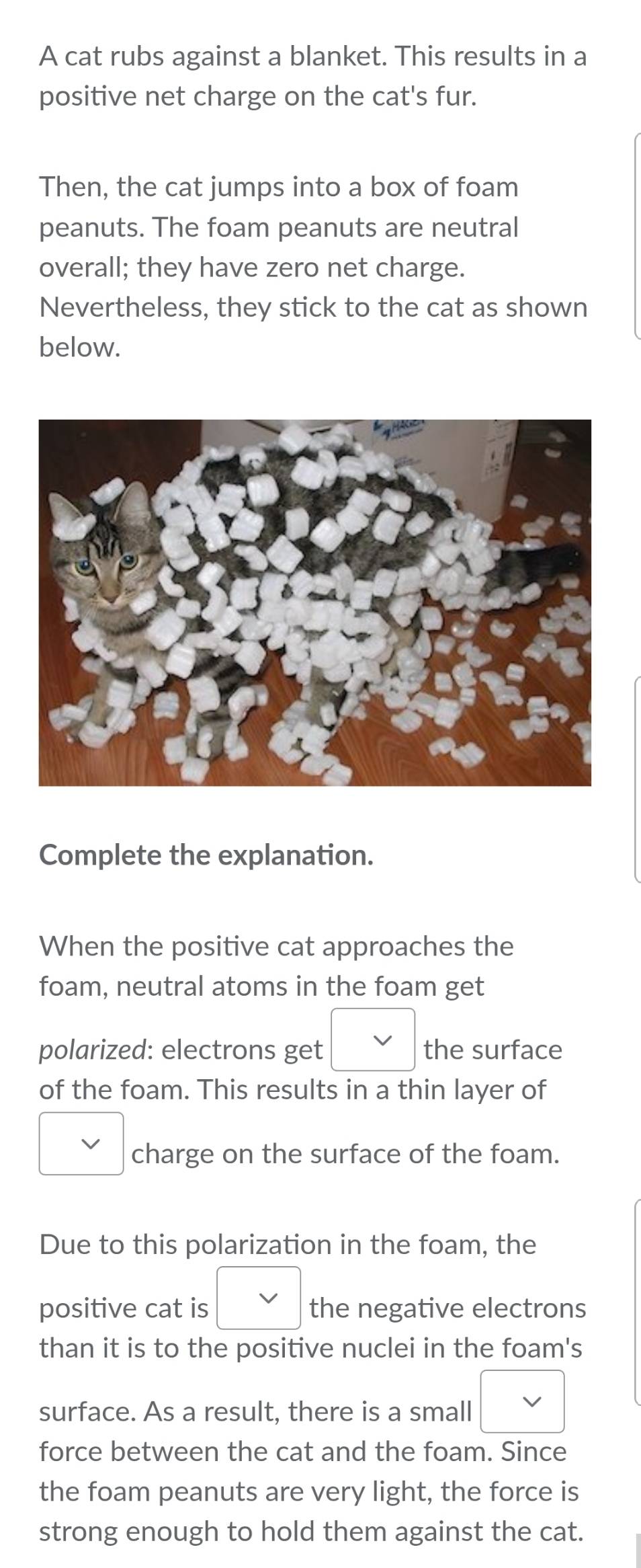 A cat rubs against a blanket. This results in a 
positive net charge on the cat's fur. 
Then, the cat jumps into a box of foam 
peanuts. The foam peanuts are neutral 
overall; they have zero net charge. 
Nevertheless, they stick to the cat as shown 
below. 
Complete the explanation. 
When the positive cat approaches the 
foam, neutral atoms in the foam get 
polarized: electrons get the surface 
of the foam. This results in a thin layer of 
charge on the surface of the foam. 
Due to this polarization in the foam, the 
positive cat is the negative electrons 
than it is to the positive nuclei in the foam's 
surface. As a result, there is a small 
force between the cat and the foam. Since 
the foam peanuts are very light, the force is 
strong enough to hold them against the cat.