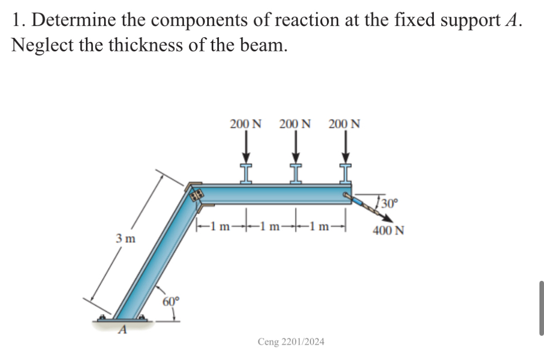 Determine the components of reaction at the fixed support A.
Neglect the thickness of the beam.
Ceng 2201/2024