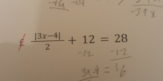  (|3x-4|)/2 +12=28