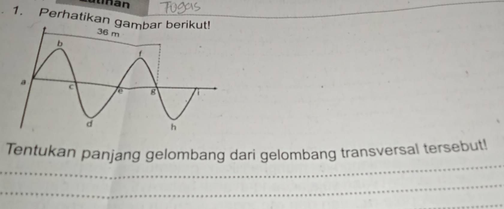 nan 
1. Perhatikan g 
_ 
Tentukan panjang gelombang dari gelombang transversal tersebut! 
_ 
_