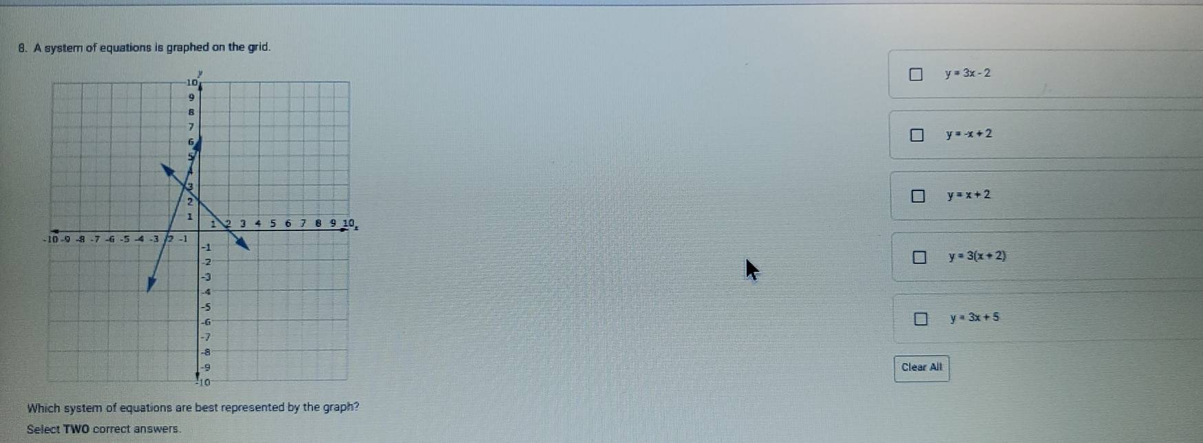 A system of equations is graphed on the grid.
y=3x-2
y=-x+2
y=x+2
y=3(x+2)
y=3x+5
Clear All
Which system of equations are best represented by the graph?
Select TWO correct answers