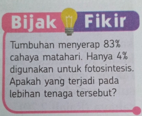 Bijak Fikir 
Tumbuhan menyerap 83%
cahaya matahari. Hanya 4%
digunakan untuk fotosintesis. 
Apakah yang terjadi pada 
lebihan tenaga tersebut?