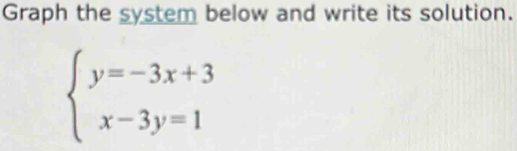 Graph the system below and write its solution.
beginarrayl y=-3x+3 x-3y=1endarray.