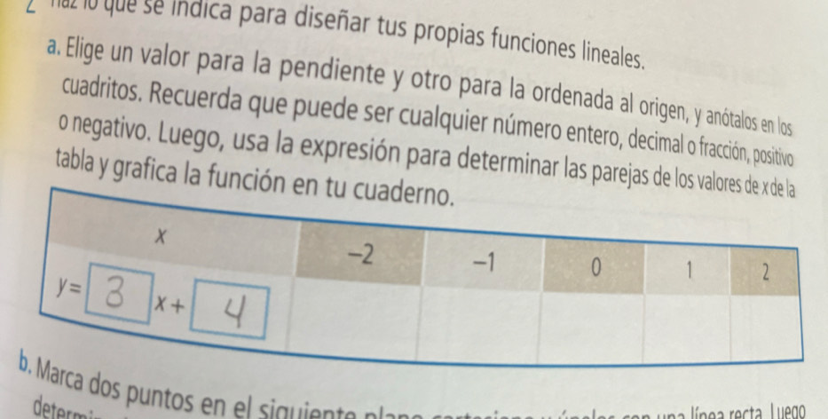 naz lo que se indica para diseñar tus propias funciones lineales.
a. Elige un valor para la pendiente y otro para la ordenada al origen, y anótalos en los
cuadritos. Recuerda que puede ser cualquier número entero, decimal o fracción, positivo
o negativo. Luego, usa la expresión para determinar las parejas de los valor
tabla y grafica la funció
dos puntos en el siquiente pleso
detern