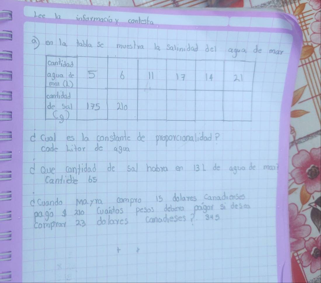 Lee la informacioy contesta
① en la fabla Sc muestra la Salinidad delan
d cual es la constante de proporcionalidad?
dade Lilor do agua
d due canfidad de sal habra en 131 de agua de man
Canlide 65
d Cyanda Mayra compro 15 dolares canadienses
pa go 310 Cudntos pesos debera pagor sidesea
comproy 23 dalayes canadieses p. 345
4