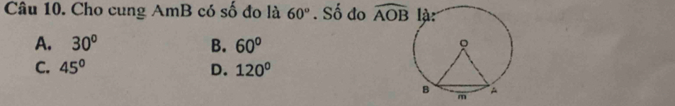 Cho cung AmB có số đo là 60°. Số đo widehat AOB
A. 30° B. 60°
C. 45° D. 120°