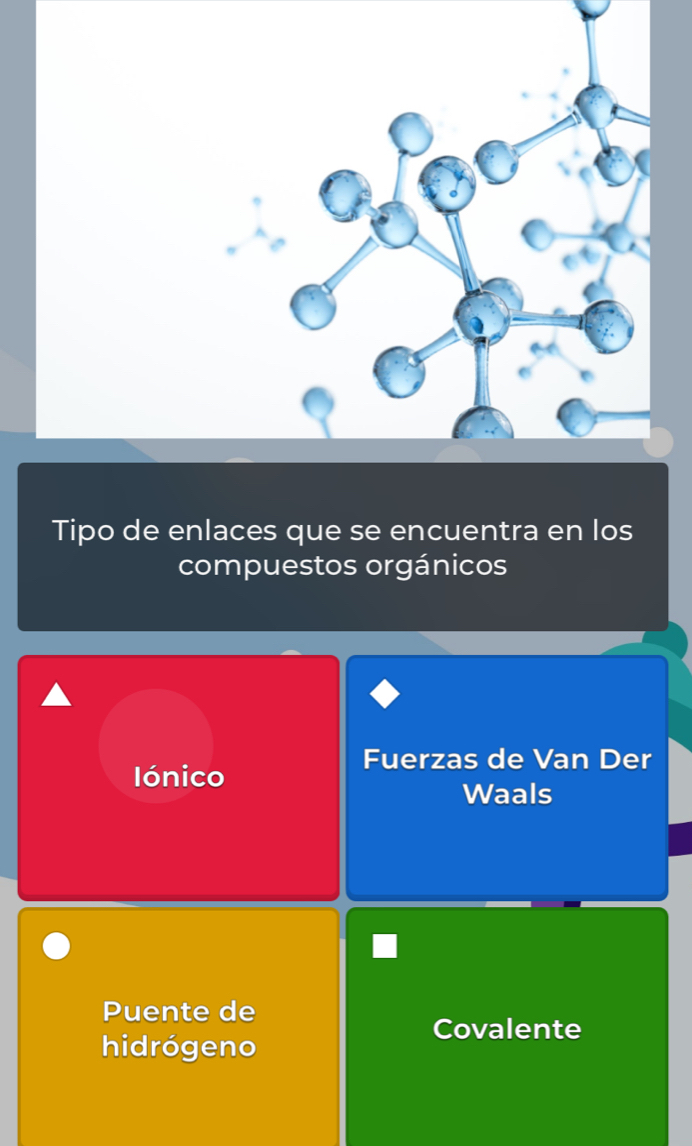 Tipo de enlaces que se encuentra en los
compuestos orgánicos
Iónico
Fuerzas de Van Der
Waals
Puente de
Covalente
hidrógeno