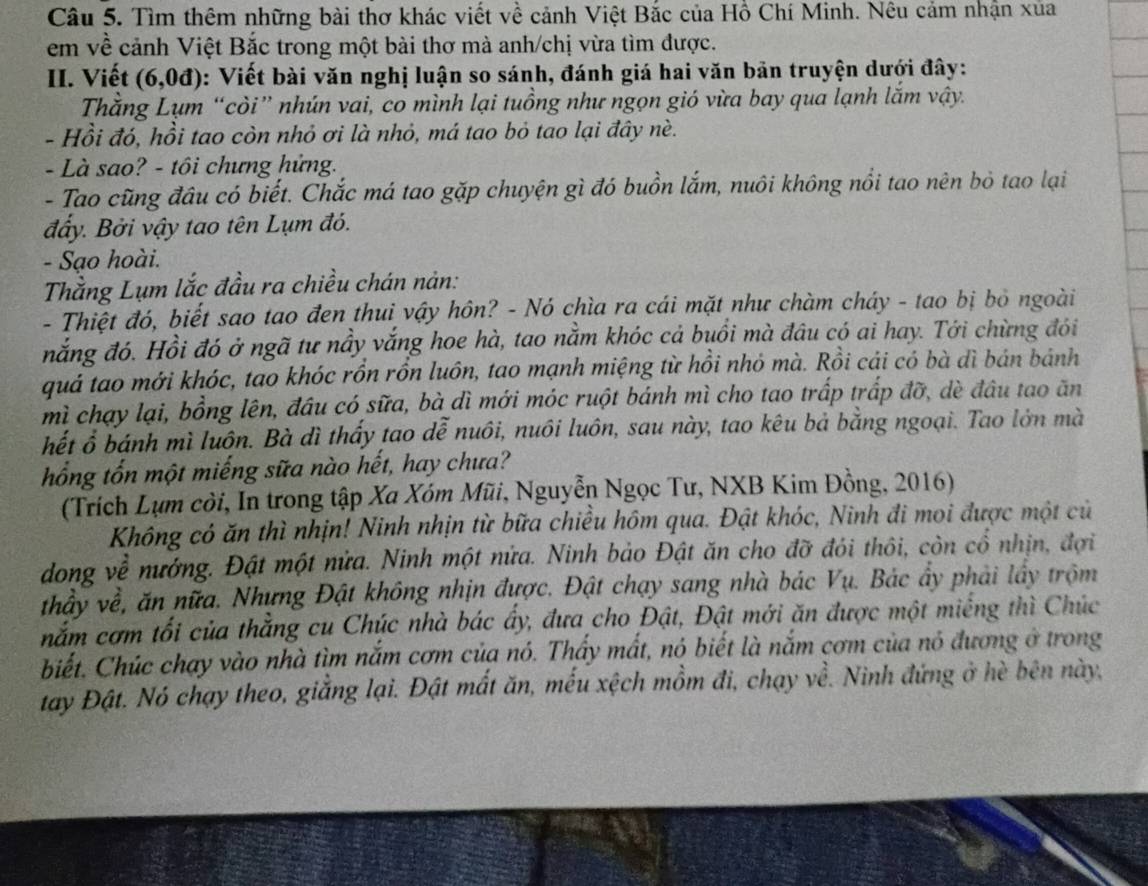 Tìm thêm những bài thơ khác viết về cảnh Việt Bắc của Hồ Chí Minh. Nêu cảm nhận xủa
em về cảnh Việt Bắc trong một bài thơ mà anh/chị vừa tìm được.
II. Viết  (6,0đ) 0: Viết bài văn nghị luận so sánh, đánh giá hai văn bản truyện dưới đây:
Thằng Lụm “còi” nhún vai, co mình lại tuồng như ngọn gió vừa bay qua lạnh lắm vậy.
- Hồi đó, hồi tao còn nhỏ ơi là nhỏ, má tao bỏ tao lại đây nè.
- Là sao? - tôi chưng hửng.
- Tao cũng đầu có biết. Chắc má tao gặp chuyện gì đó buồn lắm, nuôi không nổi tao nên bỏ tao lại
đấy. Bởi vậy tao tên Lụm đó.
- Sạo hoài.
Thằng Lụm lắc đầu ra chiều chán nản:
- Thiệt đó, biết sao tao đen thui vậy hôn? - Nó chìa ra cái mặt như chàm cháy - tao bị bỏ ngoài
nắng đó. Hồi đó ở ngã tư nầy vắng hoe hà, tao nằm khóc cả buổi mà đâu có ai hay. Tới chừng đói
quá tao mới khóc, tao khóc rồn rồn luôn, tao mạnh miệng từ hồi nhỏ mà. Rồi cái có bà dì bán bánh
mì chạy lại, bồng lên, đầu có sữa, bà dì mới móc ruột bánh mì cho tao trấp trấp đỡ, dè đầu tao ăn
hết ổ bánh mì luôn. Bà dì thấy tao dễ nuôi, nuôi luôn, sau này, tao kêu bả bằng ngoại. Tao lớn mà
hổng tổn một miếng sữa nào hết, hay chưa?
(Trích Lụm còi, In trong tập Xa Xóm Mũi, Nguyễn Ngọc Tư, NXB Kim Đồng, 2016)
Không có ăn thì nhịn! Ninh nhịn từ bữa chiều hôm qua. Đật khóc, Ninh đi moi được một củ
dong về nướng. Đật một nửa. Ninh một nửa. Ninh bảo Đật ăn cho đỡ đói thôi, còn cổ nhịn, đợi
thầy về, ăn nữa. Nhưng Đật không nhịn được. Đật chạy sang nhà bác Vụ. Bác ẩy phải lấy trộm
nắm cơm tối của thẳng cu Chúc nhà bác ẩy, đưa cho Đật, Đật mới ăn được một miếng thì Chúc
biết. Chúc chạy vào nhà tìm nắm cơm của nó. Thấy mất, nó biết là nắm cơm của nó đương ở trong
tay Đật. Nó chạy theo, giẳng lại. Đật mất ăn, mếu xệch mồm đi, chạy về. Ninh đứng ở hè bên này,