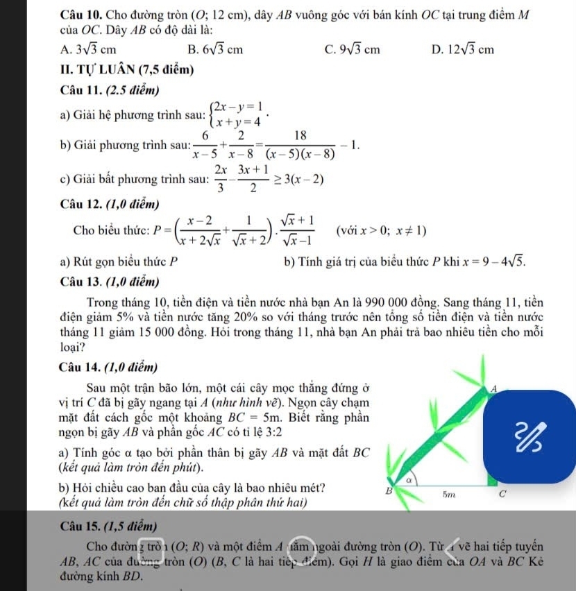 Cho đường tròn (O; 12 cm), dây AB vuông góc với bán kính OC tại trung điểm M
củ OO C. Dây AB có độ dài là:
A. 3sqrt(3)cm B. 6sqrt(3)cm C. 9sqrt(3)cm D. 12sqrt(3)cm
II. Tự LUÂN (7,5 điểm)
Câu 11. (2.5 điểm)
a) Giải hệ phương trình sau: beginarrayl 2x-y=1 x+y=4endarray. .
b) Giải phương trình sau:  6/x-5 + 2/x-8 = 18/(x-5)(x-8) -1.
c) Giải bất phương trình sau:  2x/3 - (3x+1)/2 ≥ 3(x-2)
Câu 12. (1,0 điểm)
Cho biều thức: P=( (x-2)/x+2sqrt(x) + 1/sqrt(x)+2 ). (sqrt(x)+1)/sqrt(x)-1  (với x>0;x!= 1)
a) Rút gọn biểu thức P b) Tính giá trị của biểu thức P khi x=9-4sqrt(5).
Câu 13. (1,0 điểm)
Trong tháng 10, tiền điện và tiền nước nhà bạn An là 990 000 đồng. Sang tháng 11, tiền
điện giảm 5% và tiền nước tăng 20% so với tháng trước nên tổng số tiền điện và tiền nước
tháng 11 giảm 15 000 đồng. Hỏi trong tháng 11, nhà bạn An phải trả bao nhiêu tiền cho mỗi
loại?
Câu 14. (1,0 điểm)
Sau một trận bão lớn, một cái cây mọc thăng đứng ở
vị trí C đã bị gãy ngang tại A (như hình vẽ). Ngọn cây chạm
mặt đất cách gốc một khoảng BC=5m. Biết rằng phần
ngọn bị gãy AB và phần gốc AC có tỉ lệ 3:2
a) Tính góc α tạo bởi phần thân bị gãy AB và mặt đất BC
(kết quả làm tròn đến phút).
b) Hỏi chiều cao ban đầu của cây là bao nhiêu mét? 
(kết quả làm tròn đến chữ số thập phân thứ hai)
Câu 15. (1,5 điểm)
Cho đườn;tro;(O;R) và một điểm 4 năm ngoài đường tròn (O). Từ 4 vẽ hai tiếp tuyến
AB, AC của đường tròn (O) (B, C là hai tiếp điểm). Gọi H là giao điểm của OA và BC Kê
đường kính BD.