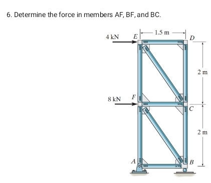 Determine the force in members AF, BF, and BC.