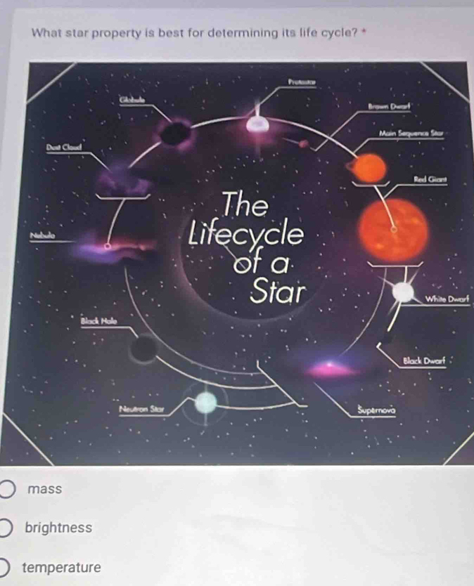 What star property is best for determining its life cycle? *
White Dwarf
mass
brightness
temperature