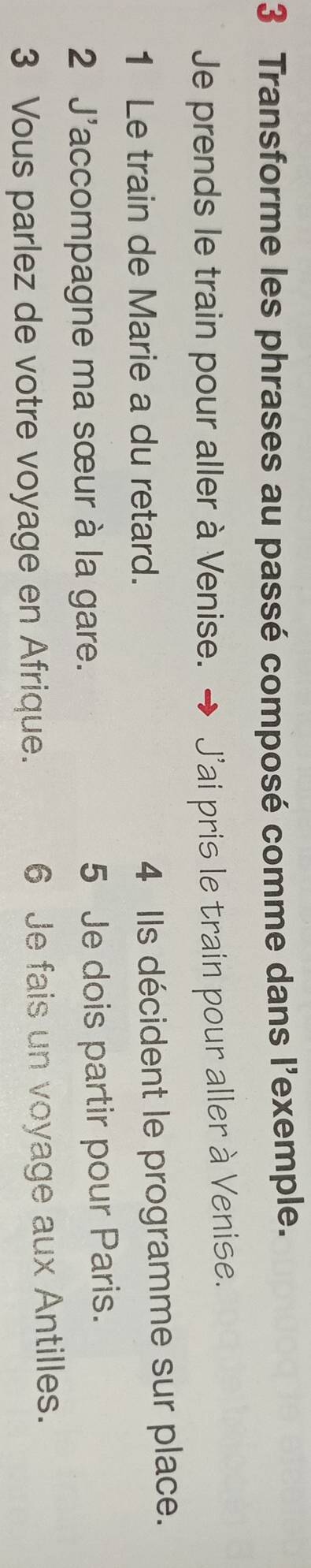 Transforme les phrases au passé composé comme dans l'exemple. 
Je prends le train pour aller à Venise. → J'ai pris le train pour aller à Venise. 
1 Le train de Marie a du retard. 
4 Ils décident le programme sur place. 
2 J'accompagne ma sœur à la gare. 5 Je dois partir pour Paris. 
3 Vous parlez de votre voyage en Afrique. 6 Je fais un voyage aux Antilles.