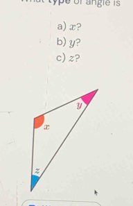 ype of angle is 
a) x? 
b) y? 
c) z?