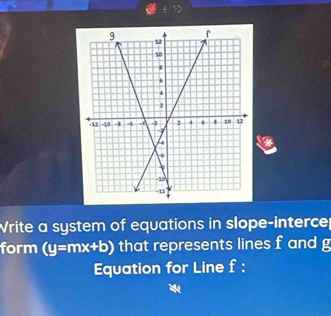 Vrite a system of equations in slope-interce 
form (y=mx+b) that represents lines f and g
Equation for Line f :