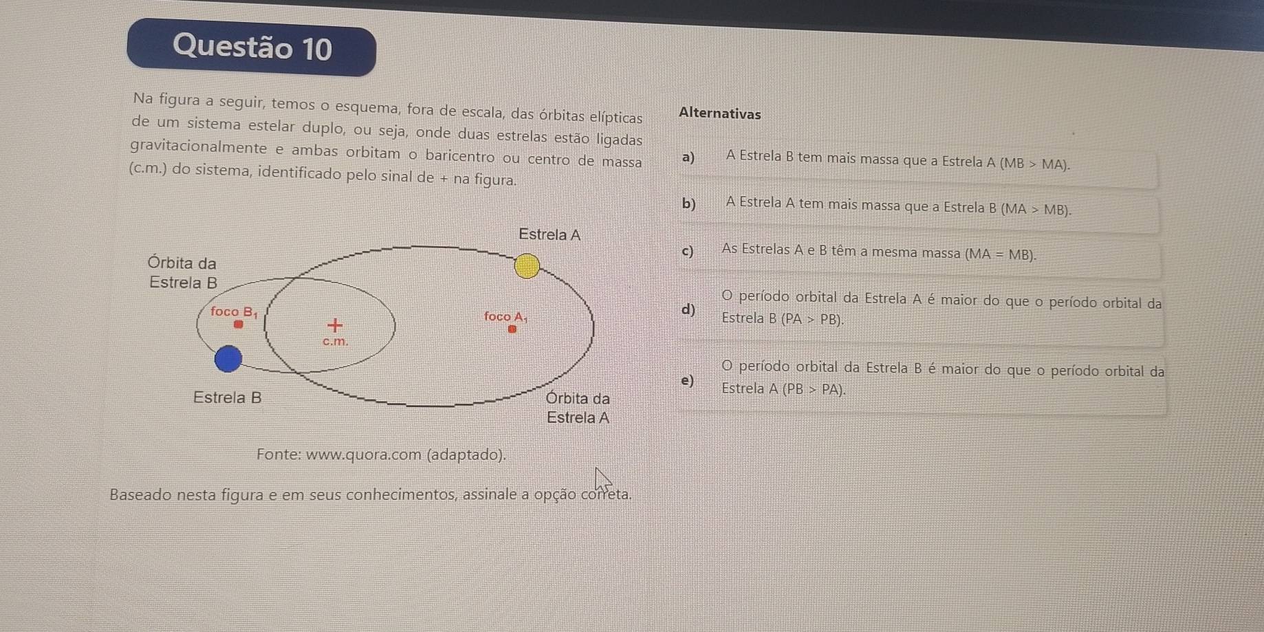 Na figura a seguir, temos o esquema, fora de escala, das órbitas elípticas Alternativas
de um sistema estelar duplo, ou seja, onde duas estrelas estão ligadas
gravitacionalmente e ambas orbitam o baricentro ou centro de massa a) A Estrela B tem mais massa que a Estrela A (MB>MA). 
(c.m.) do sistema, identificado pelo sinal de + na figura.
b) A Estrela A tem mais massa que a Estrela B (MA>MB).
c) As Estrelas A e B têm a mesma massa (MA=MB).
O período orbital da Estrela A é maior do que o período orbital da
d)
Estrela B (PA>PB).
O período orbital da Estrela B é maior do que o período orbital da
e) Estrela A(PB>PA)
Fonte: www.quora.com (adaptado).
Baseado nesta figura e em seus conhecimentos, assinale a opção correta.