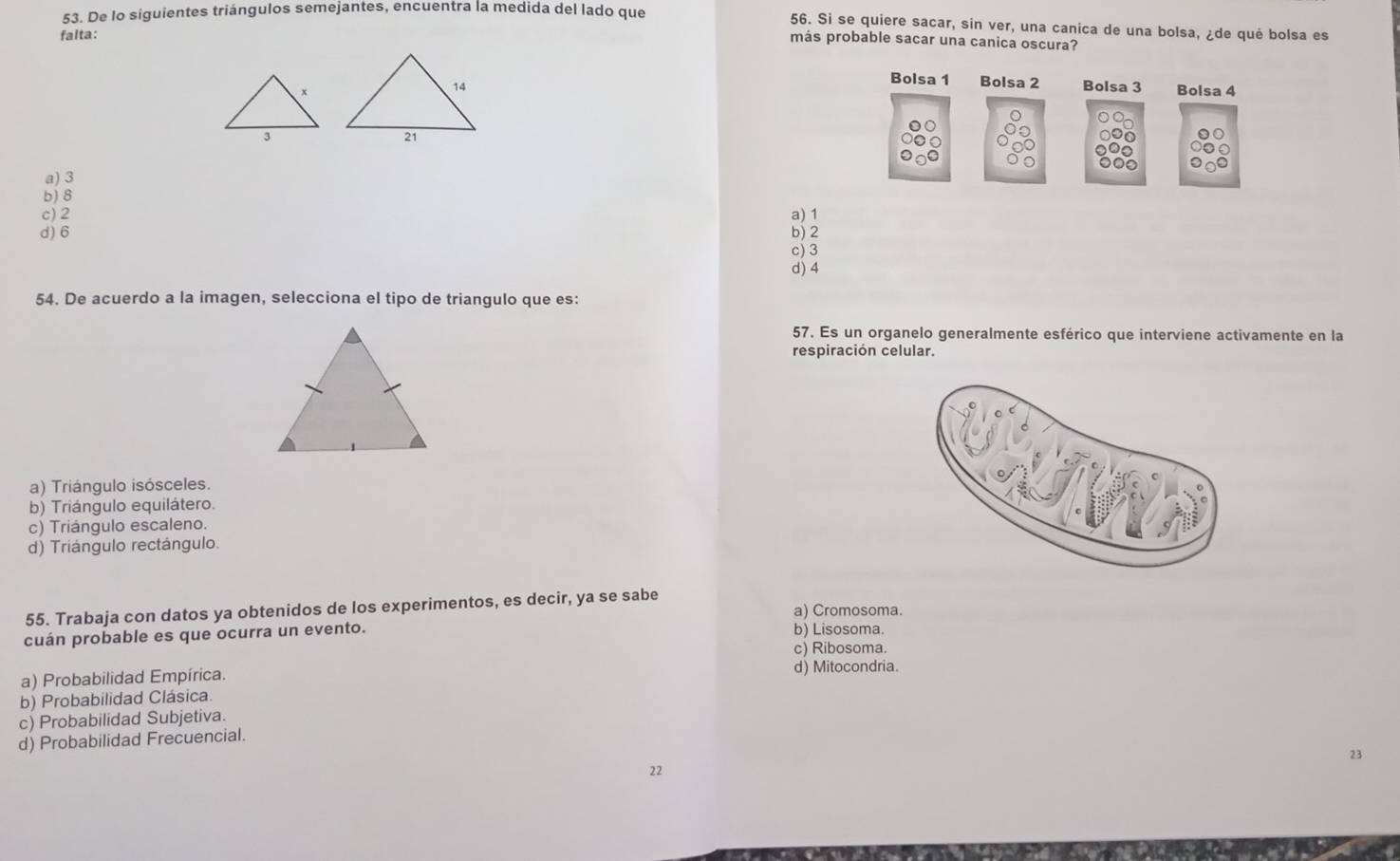 De lo siguientes triángulos semejantes, encuentra la medida del lado que
56. Si se quiere sacar, sin ver, una canica de una bolsa, ¿de qué bolsa es
falta:
más probable sacar una canica oscura?
Bolsa 1 Bolsa 2
Bolsa 3 Bolsa 4
a) 3
b) 8
c) 2 a) 1
d) 6 b) 2
c) 3
d) 4
54. De acuerdo a la imagen, selecciona el tipo de triangulo que es:
57. Es un organelo generalmente esférico que interviene activamente en la
respiración celular.
a) Triángulo isósceles.
b) Triángulo equilátero.
c) Triángulo escaleno.
d) Triángulo rectángulo.
55. Trabaja con datos ya obtenidos de los experimentos, es decir, ya se sabe
a) Cromosoma.
cuán probable es que ocurra un evento. b) Lisosoma
c) Ribosoma.
a) Probabilidad Empírica.
d) Mitocondria.
b) Probabilidad Clásica.
c) Probabilidad Subjetiva.
d) Probabilidad Frecuencial.
23
22