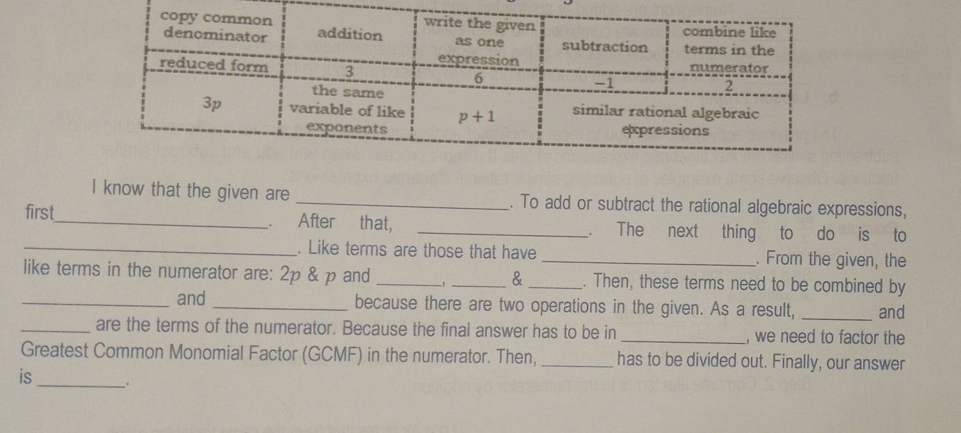 know that the given are _. To add or subtract the rational algebraic expressions,
first_ . After that, _. The next thing to do is to
_. Like terms are those that have _. From the given, the
like terms in the numerator are: 2p & p and _, _& _. Then, these terms need to be combined by
_and _because there are two operations in the given. As a result, _and
_are the terms of the numerator. Because the final answer has to be in _, we need to factor the
Greatest Common Monomial Factor (GCMF) in the numerator. Then,_ has to be divided out. Finally, our answer
is_
.