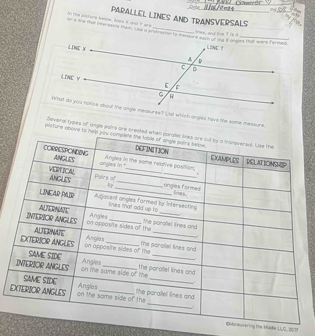 PARALLEL LINES AND TRANSVERSALS 
In the picture below, lines X and Y are 
or a line that intersects them. Use a protractor to measure each of the 8 angles that were formed 
lines, and line T is a 
What do you notice about the angle measures? List which angles have the same measure. 
Several types of angle pairs are created w 
picture above to help 
ering the Middle LLC, 2017